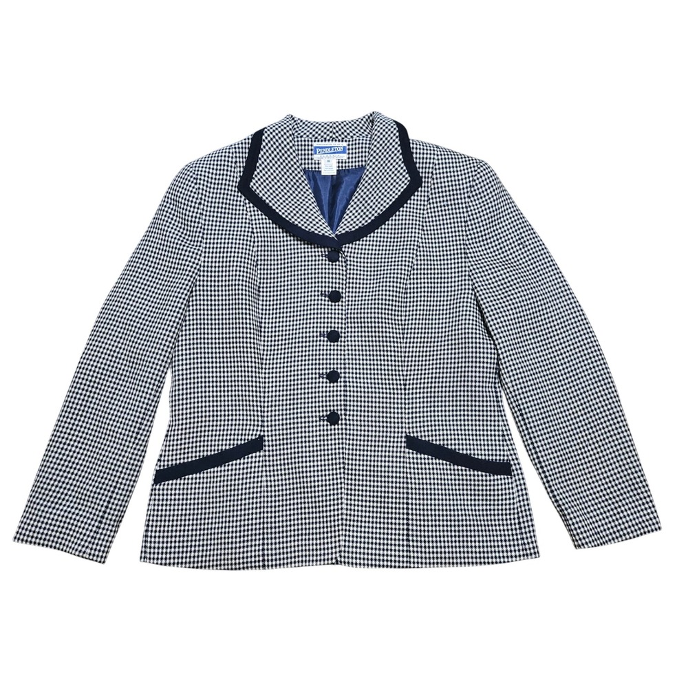 90s Pendleton Navy Gingham Wool Button Front Blazer Size 14 Preppy Old Money